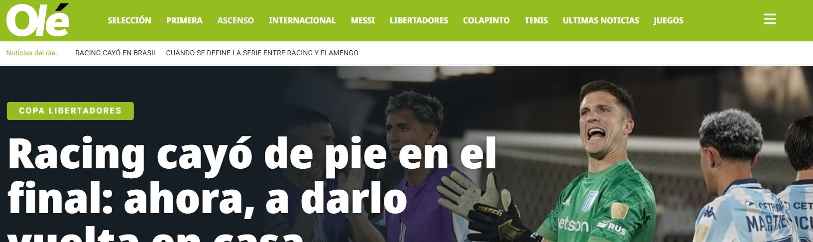 Diário “Olé” exalta postura do Racing após derrota para o Flamengo no Maracanã - Imagem do artigo
