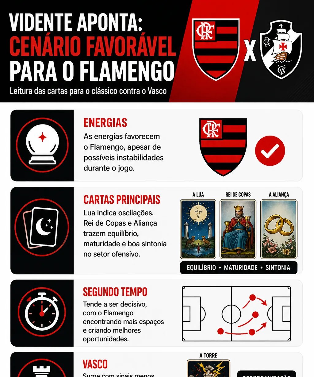 Tarot indica vantagem do Flamengo no clássico com o Vasco, aponta vidente - Imagem do artigo original