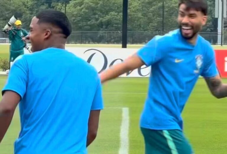 Paquetá faz brincadeira com Endrick durante último treino da Seleção em Nova Jersey