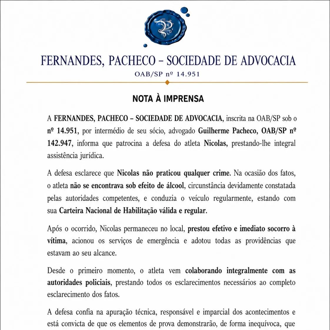 Defesa de Nicolas diz que lateral não cometeu crime e nega consumo de álcool - Imagem do artigo original