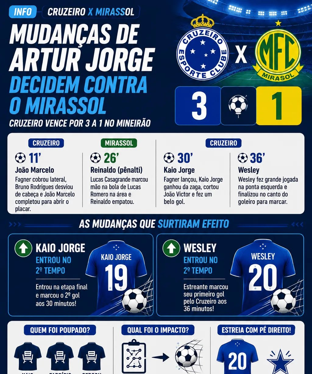 Mudanças de Artur Jorge no segundo tempo asseguram triunfo do Cruzeiro contra o Mirassol - Imagem do artigo original
