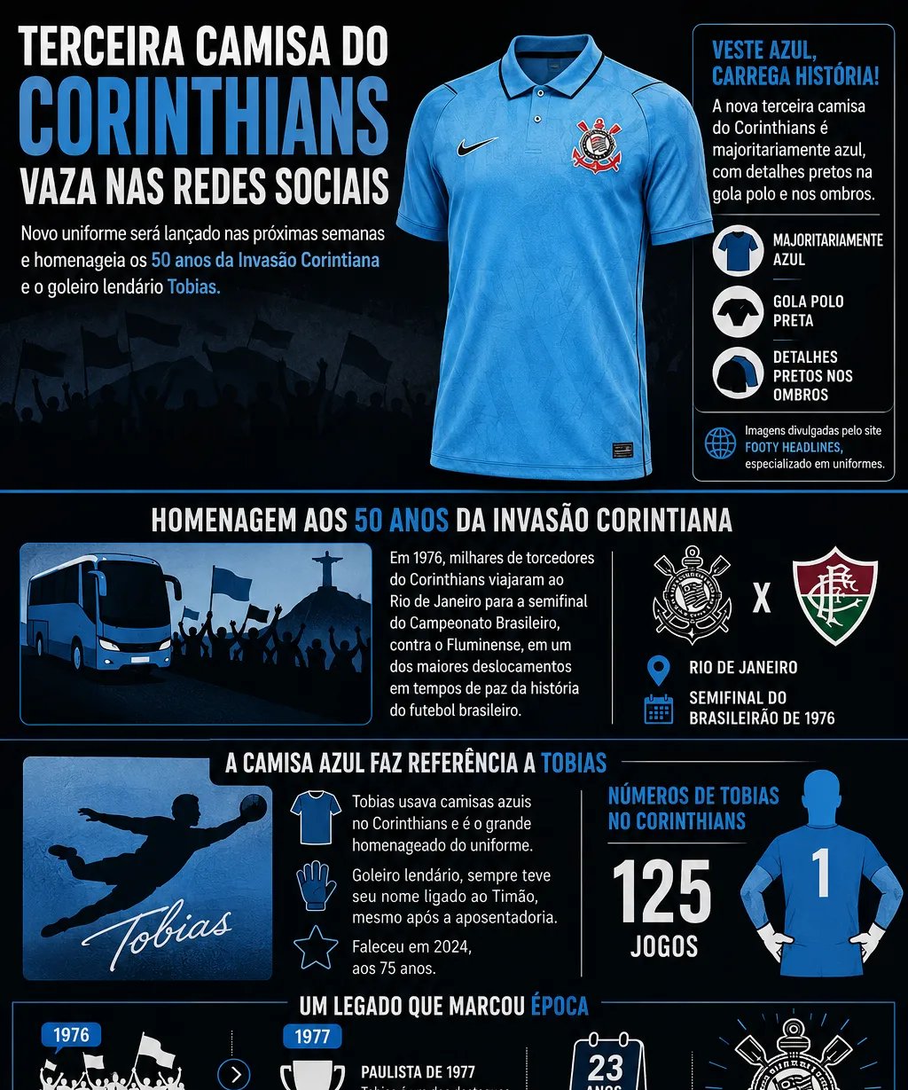 Imagens da possível nova terceira camisa azul do Corinthians vazam nas redes - Imagem do artigo original