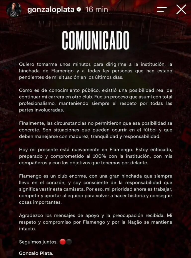 Gonzalo Plata reafirma dedicação ao Flamengo após negociações frustradas